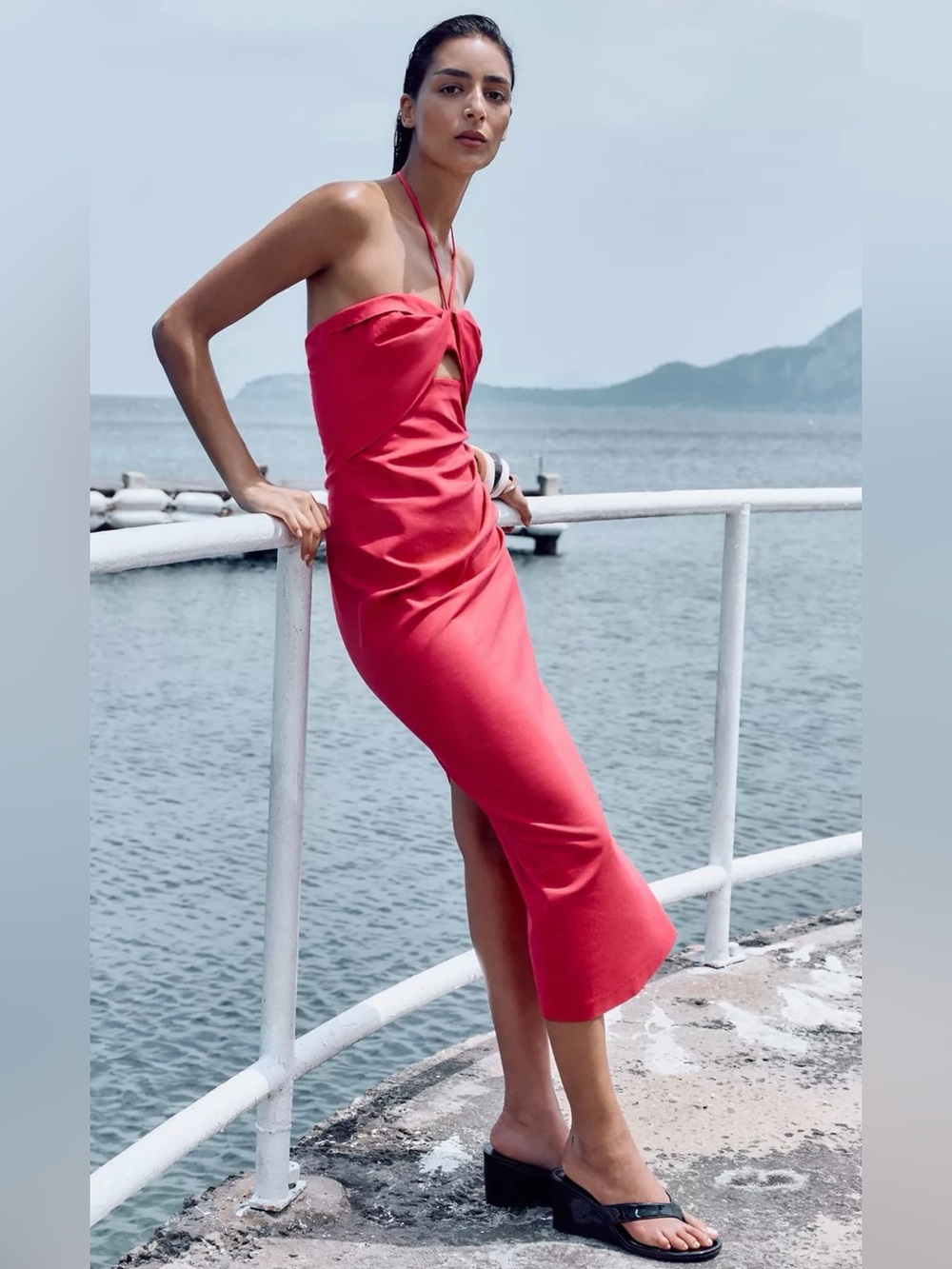 Zara Strapless Red Halter Midi Dress with Front Cutout - Picture 2 of 8